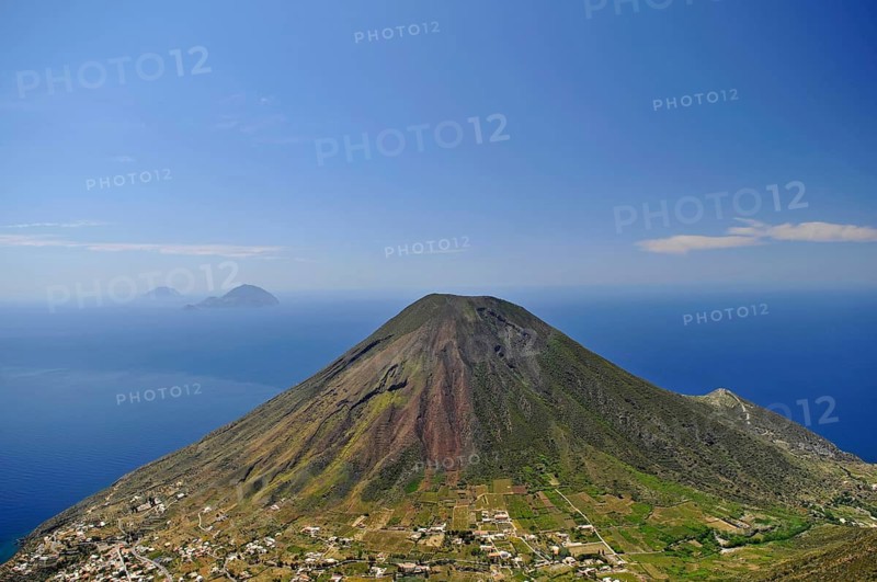 Volcanic cones on Salina, Filicudi and Alicudi in the background, Aeolian or Lipari Islands, Sicily, Southern Italy, Italy