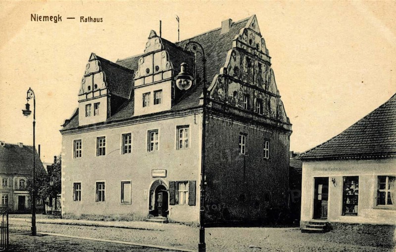 The historic town hall of Niemegk in Brandenburg, Germany, authentic reproduction of an old postcard, around 1910, historical, exact date unknown