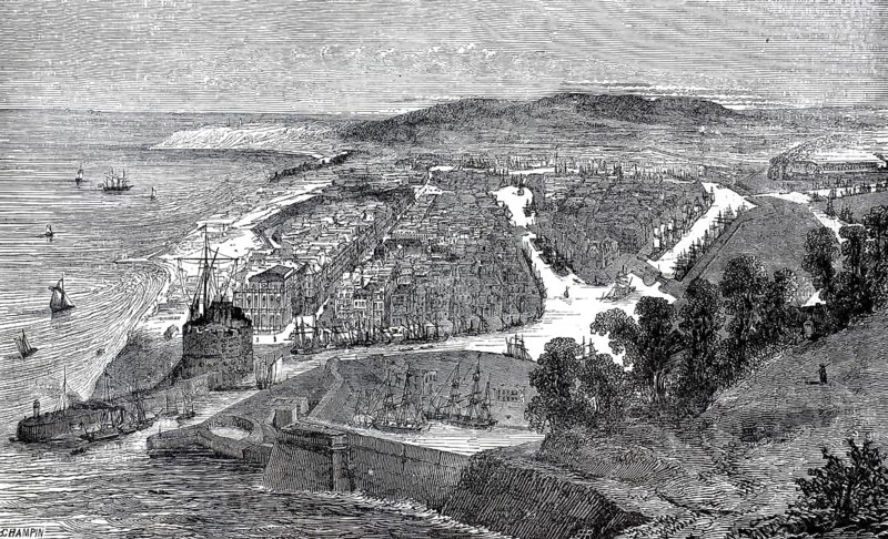 The French port city of Le Havre at the mouth of the Seine in Normandy from a bird's eye view in the 19th century, the historic fortifications, moles and basins, which were of central importance for transatlantic trade and sailing shipping at the time, illustration, reproduction from a model from the 19th century. Authentic, file restored for optimal use, exact date of submission unknown, historical