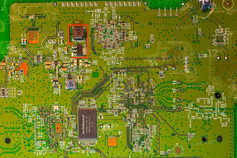 Close-up of printed circuit board with integrated circuits, electronic components, inside Smart RG DSL modem device, Studio Composition, Quebec, Canada
