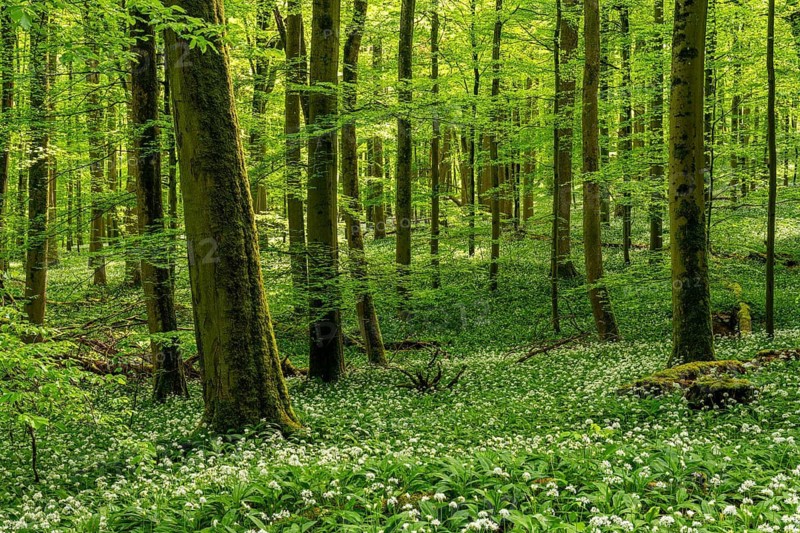 A mystical primeval forest with ancient European beech trees (Fagus sylvatica) and green foliage bathed in atmospheric light, the forest floor is completely covered with white-flowering wild garlic (Allium ursinum), spring, Hainich National Park, Thuringia, Germany