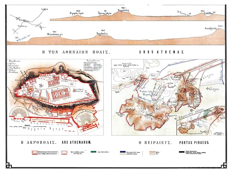 Historical map of ancient Athens from 1906, illustration comprising specific plans of H Acropolis and O Peiraieus, Portus Piraeus, as well as an elevation profile of the city, historical school painting or wall painting from around 1900, high-quality reproduction