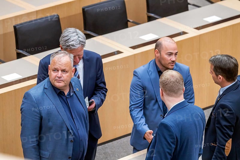 Parliamentarians from the AfD parliamentary group talking in plenary session. Left AfD MP Sandro Scheer, right Martin Rothweiler, AfD parliamentary group chairman. Stuttgart, Baden-Württemberg, Germany