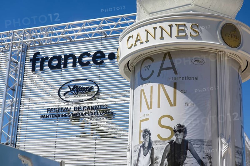 Advertising column with a poster of the Film Festival in front of the opening of the 79th Cannes International Film Festival. The 79th Cannes International Film Festival will take place from May 12 to 23, 2026