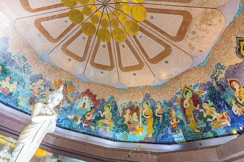 Ornate dome with colorful Buddhist mosaic wall paintings and decorative ceiling decoration, King Pagoda, Doi Inthanon National Park, Chiang Mai Province, Thailand