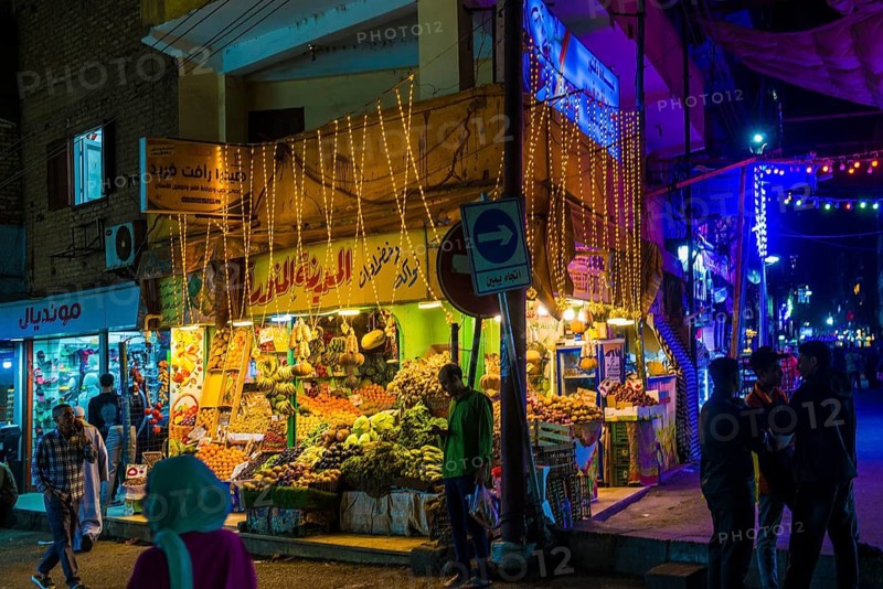 Fruit shop, night view, Luxor, Egypt