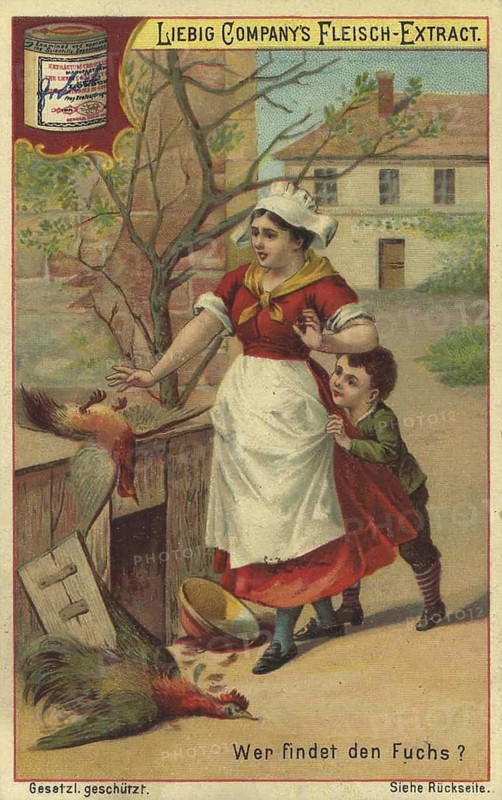 Picture series Search game puzzles, Where is the fox? In the scene, you see a woman and a child who are terrified of dead chickens in a barn. The fox is hidden in the picture, Liebigbild, digitally restored reproduction of a collector's painting from around 1900, exact date unknown