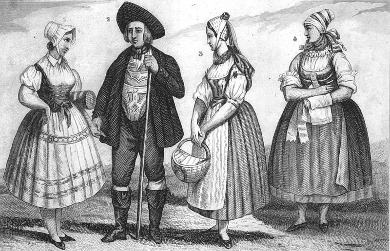Traditional clothing styles and culture from the 19th century. Bavaria, Germany, farmers from Mistelgau near Bayreuth, Augsburg and Gochsheim near Würzburg, illustration, reproduction from a model from the 19th authentic, file restored for optimal use, exact date of original unknown, historical