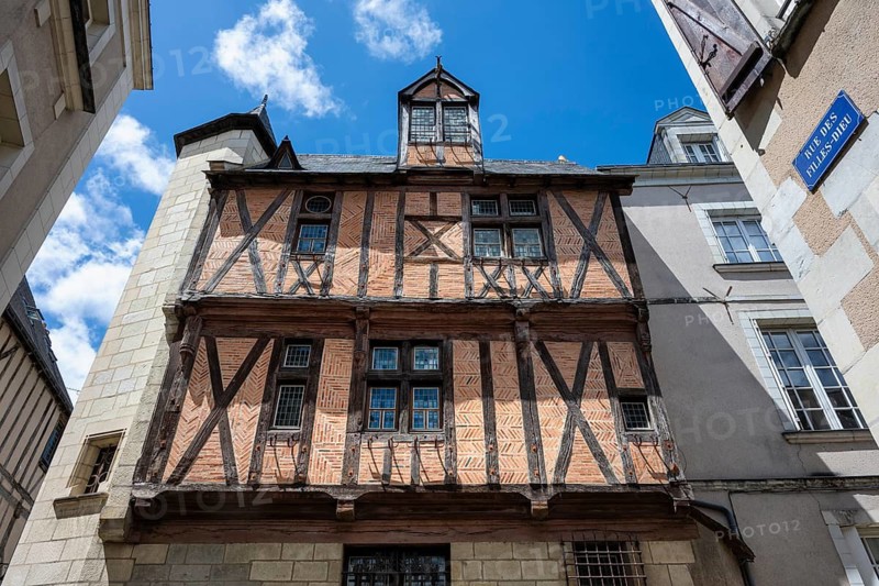 Well-preserved, heritage-protected half-timbered building with traditional architecture in the historic old town of Angers, Maine-et-Loire, Pays de la Loire, France