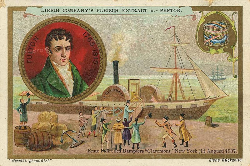 Picture series explorer, Robert Fulton, main scene shows the first successful voyage of his steamer (often wrongly called Claremont) on 11 August 1807 in New York on the Hudson River, Liebig picture, digitally restored reproduction of a collector's picture from around 1900, exact date unknown