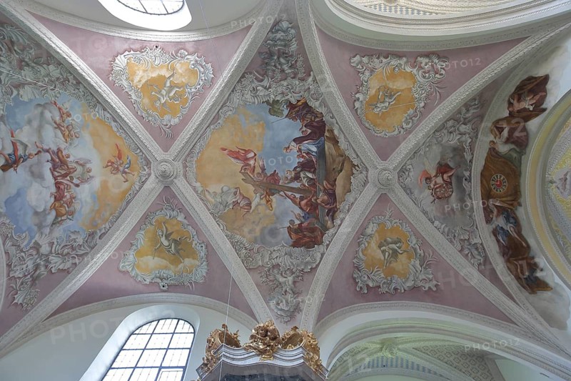 Frescoes on the ceiling, baroque painting, crucifixion of Jesus, interior view, handicrafts, ceiling painting, crucifixion Jesus, looking up, view from below, cross vault, Kreuzberg, Endenich, Bonn, North Rhine-Westphalia, Germany