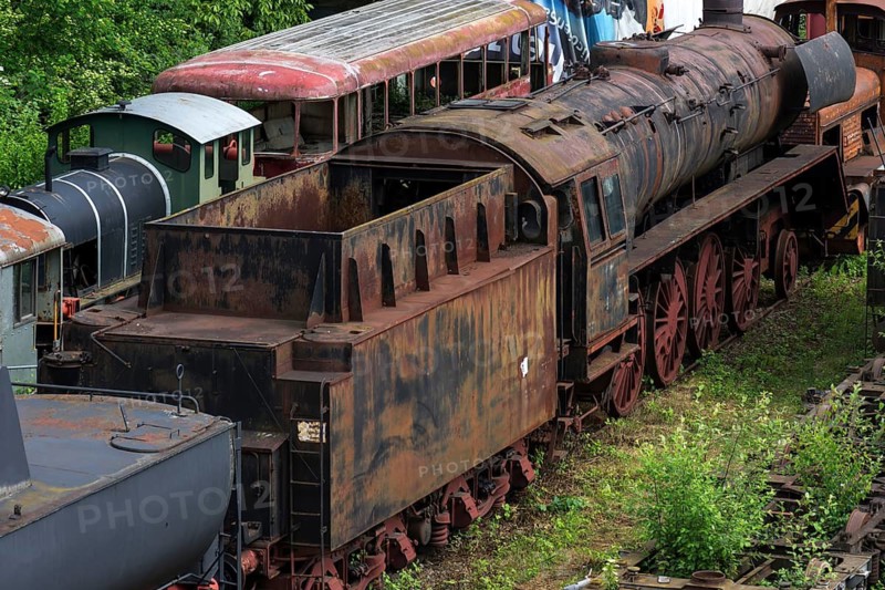 Rusted freight locomotive on the premises of the Bavarian Railway Museum in Nördlingen, Nördlingen, Bavaria, Germany