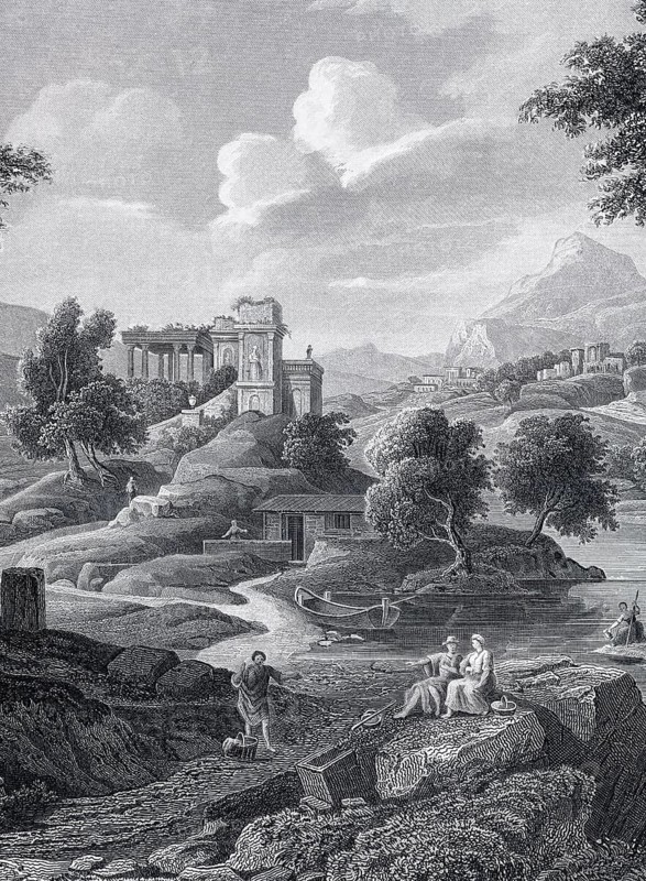 Detail from the painting Roman landscape by Claude Jean Baptiste Millet, landscape painting, Rome, Roman campagna, Italy, Italian landscape, nature, trees, river, hills, vastness, sky, clouds, ancient ruins, classical landscape, idealized landscape, baroque, French painting, 17th century, oil painting, lighting, depiction of nature, architecture, idyll, art history, historical landscape, distant view, Mediterranean landscape, people, boat, historical illustration 1854