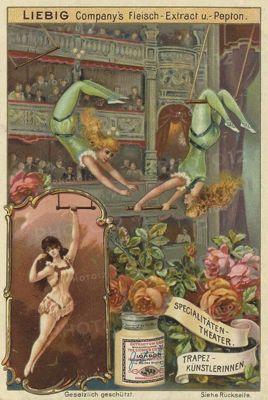 Picture series of specialty theatre, trapeze artists in the theatre, Liebigbild, digitally restored reproduction of a collector's painting from around 1900, exact date unknown