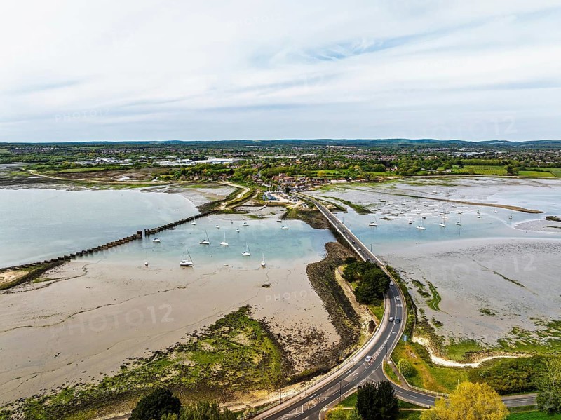 Bridge and Quay on Hayling Island from a dron, Havant, Hampshire, England, United Kingdom