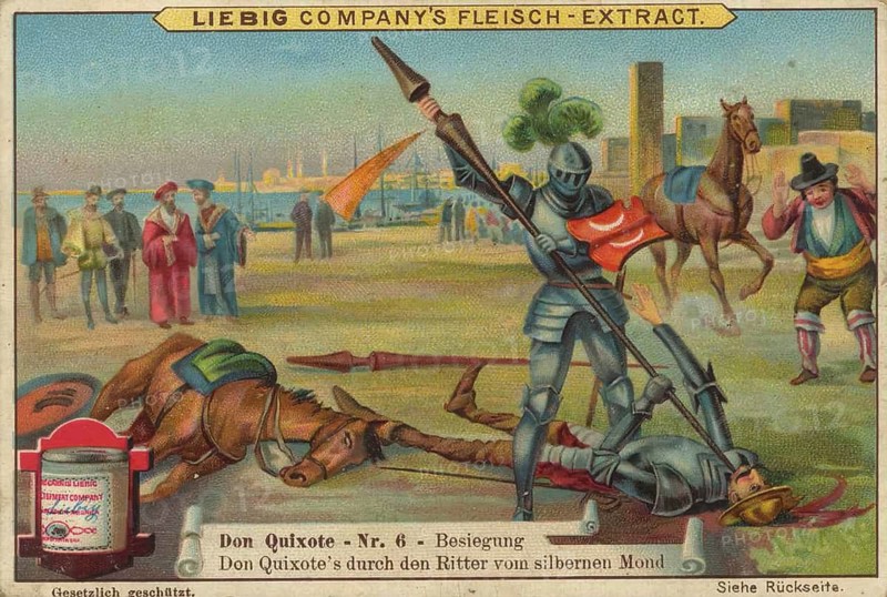 Don Quixote picture series, defeat of Don Quixote by the Knight of the Silver Moon, picture of love, digitally restored reproduction of a collector's painting from around 1900, exact date unknown