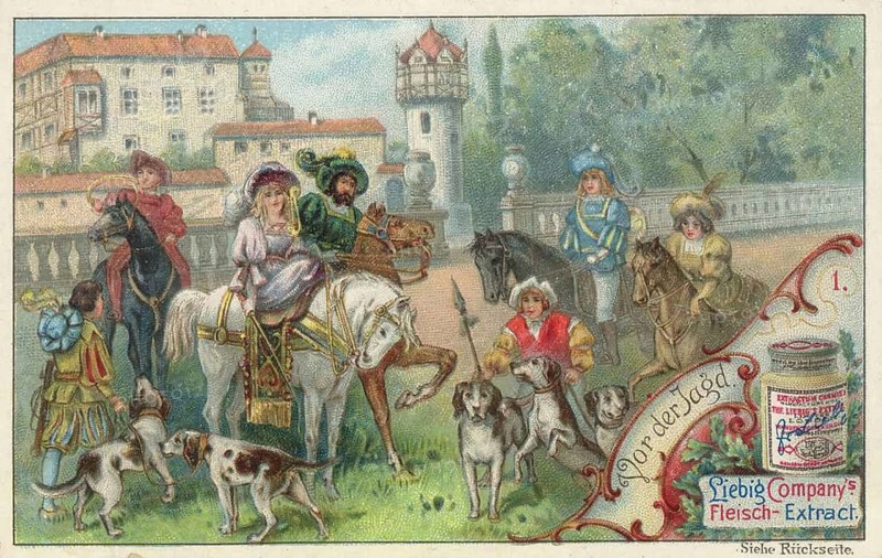 Picture series The Hunt, The Card is titled Before the Hunt and shows an outdoor hunting party, favorite picture, digitally restored reproduction of a collector's painting from around 1900, exact date unknown