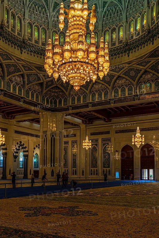 Dome and illuminated chandelier in the Sultan Qaboos Mosque, Muscat, Arabian Peninsula, Sultanate of Oman