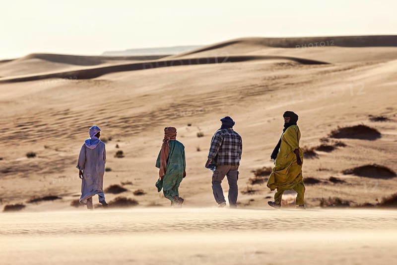 Four people in traditional garments walk through the sun-drenched desert with sand dunes, Four Tuareg walk through the Sahara in Algeria