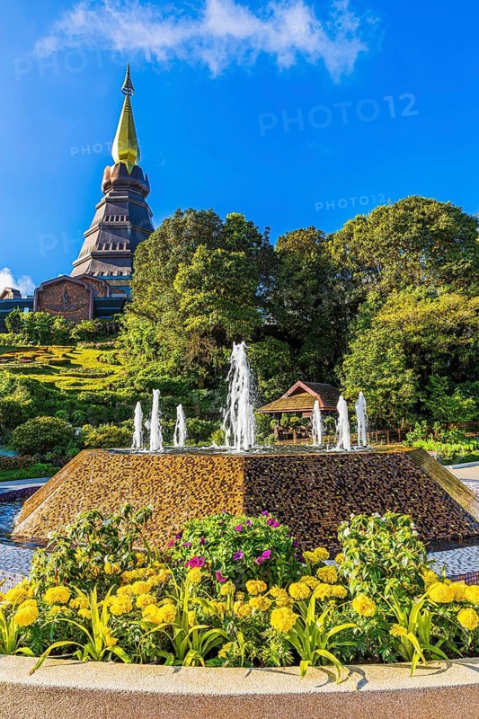 Blooming garden with fountain in front of the royal pagoda, Doi Inthanon National Park, Chiang Mai Province, Thailand
