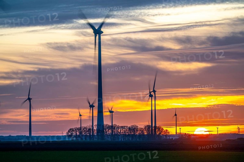 Sunset at Issum wind farm, Lower Rhine, North Rhine-Westphalia, Germany