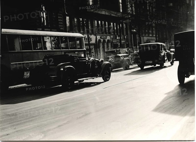 Berlin, Mitte, traffic, classic car, bus, convertible, twenties, A busy street with vintage cars and a bus in the early 20th century, Sasha Stone, around 1928