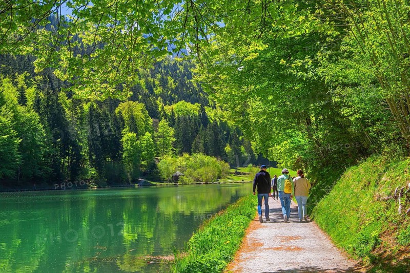 Hiking trail on Riessersee in spring, Garmisch-Partenkirchen, Loisachtal, Werdenfelser Land, Upper Bavaria, Bavaria, Germany