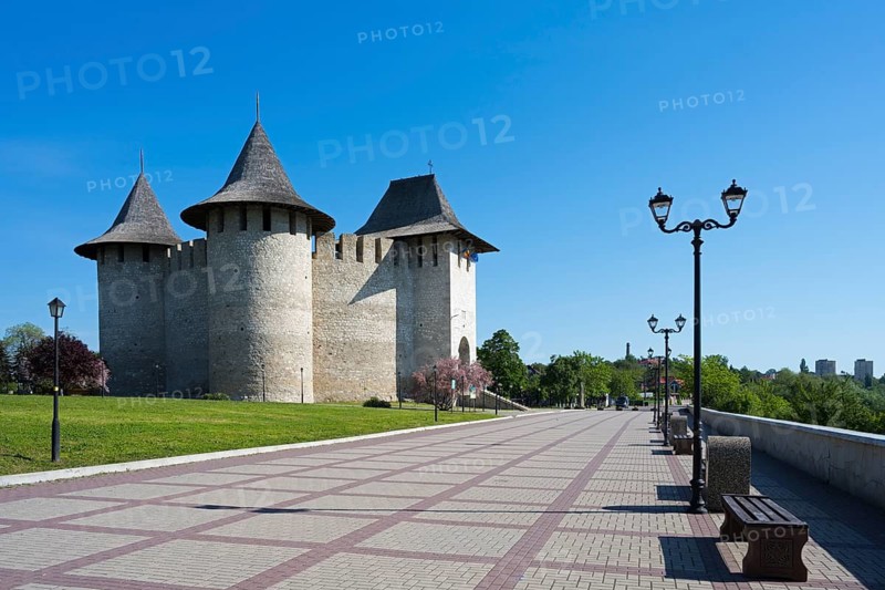 Impressive promenade with lanterns and benches offers views of Soroca Castle, Soroca, Republic of Moldova, Moldova