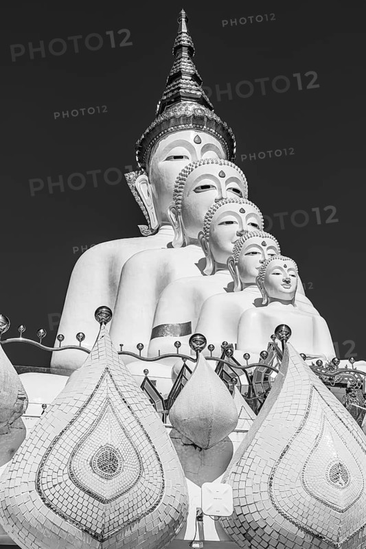 Five-headed Buddha statue, black and white photo, Wat Phra That Sorn Kaew Buddhist temple complex, Phetchabun province, Thailand