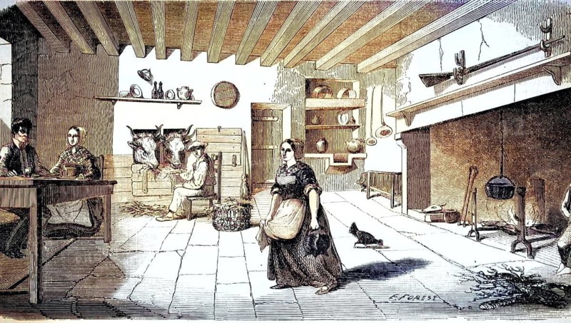 The interior of a rural kitchen or farmhouse from the 18th or 19th century. The scene depicts a typical, rustic lifestyle in which people and farm animals live close together. On the right side there is a large open fireplace with a hanging kettle that was used for cooking, reproduction of a model from the 19th authentic, file restored for optimal use, exact date of the original unknown, nostalgically colored