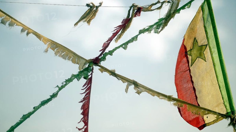 A frayed flag of Senegal, flag blowing in the wind against a blue sky, Casamance, Senegal