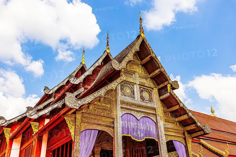 Decorated roof of a public prayer hall in the Wat Phra Singh Buddhist temple complex, Chiang Mai Old City Center, Chiang Mai Province, Thailand