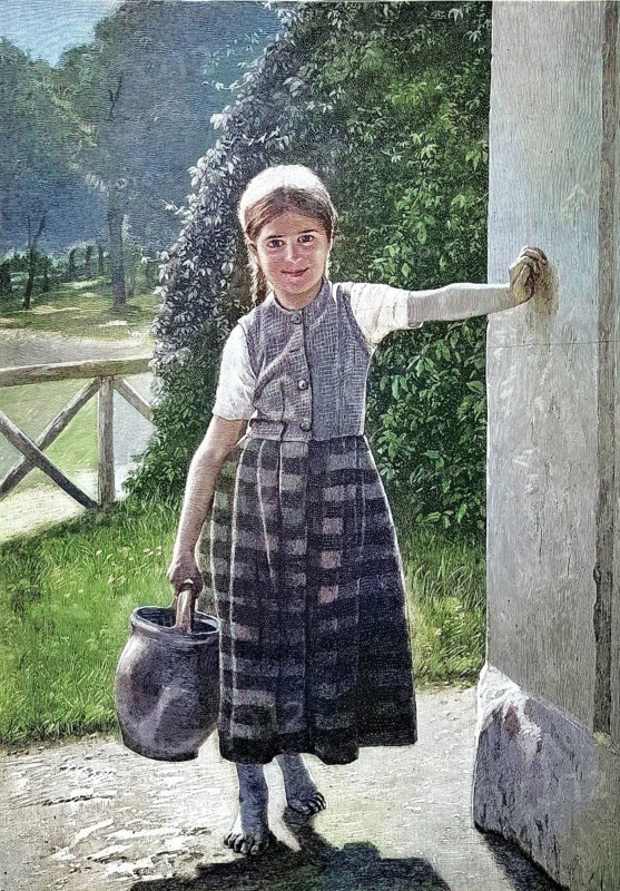 A young girl in traditional clothing carrying a basket and leaning against a wall, France, ca 1880, reproduction from a 19th century model. Authentic, file restored for optimal use, exact date of original unknown, nostalgically colored