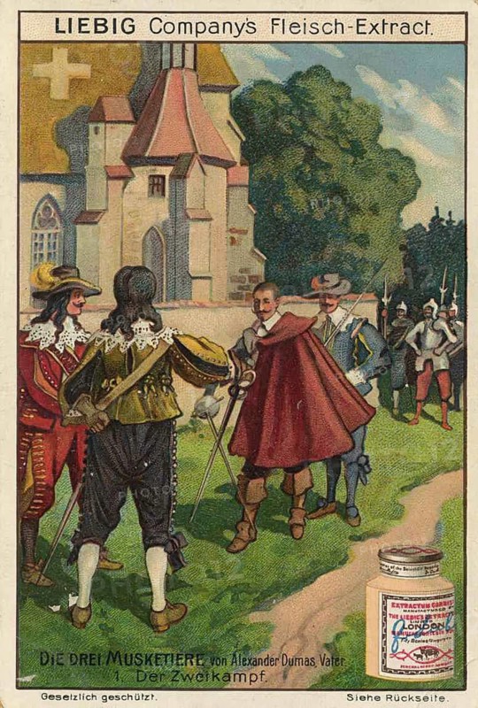 Picture series The Three Musketeers, The Duel, Liebigbild, digitally restored reproduction of a collector's painting from around 1900, exact date unknown