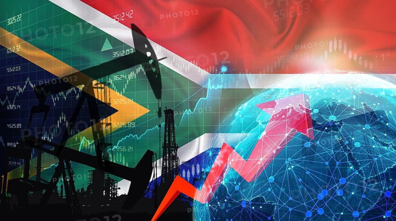Global oil growth with South African flag. International oil exports with South Africa flag on economic chart