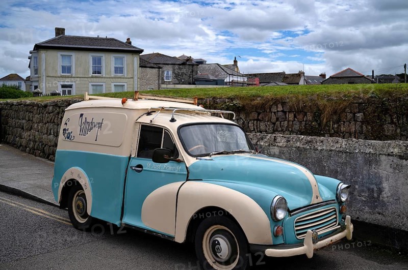 Vintage car, vintage Morris Minor 1000 van in vintage style, painted blue and white, St Just in Penwith, Cornwall, England, Great Britain, Great Britain