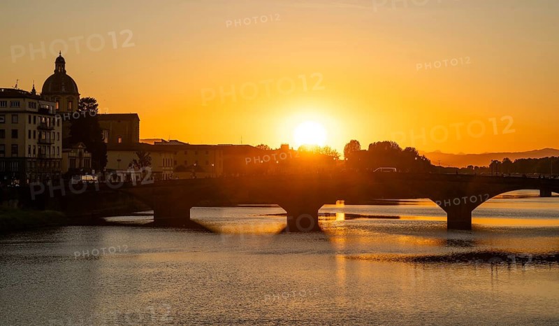 Sunset over an Arno bridge, old town, Florence, Tuscany, Italy