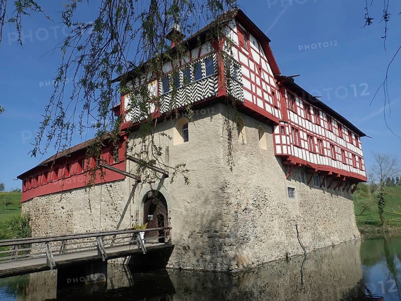 Medieval castle with half-timbered walls, surrounded by water under clear blue skies, Hagenwil, Amriswil, Canton of Thurgau, Lake Constance region, Switzerland