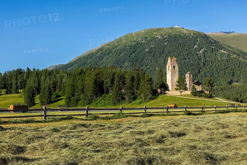 San Gian church in front of Muottas Muragl, hay, meadow, Celerina/Schlarigna, Engadin, Graubünden, Switzerland