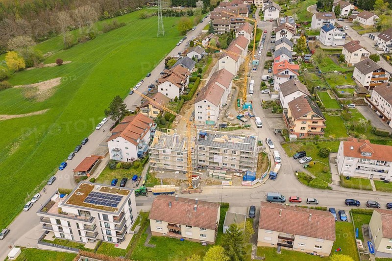 Scenic shot of a residential area with construction and surrounding nature, residential building renovation, Nagold, Calw district, Germany
