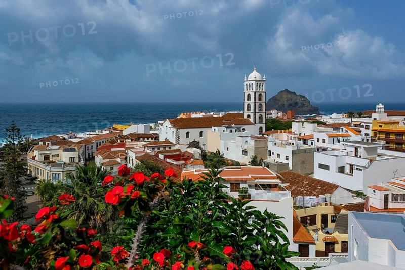 Garachico, Santa Cruz, Tenerife, Canary Islands, Spain - Garachico is a small, tranquil, picturesque town right by the sea in the northwest of the island. City overview with residential buildings, Christ thorn, colorful flowers, palm trees, the Iglesia de Santa Ana church and the Roque de Garachico rock in front