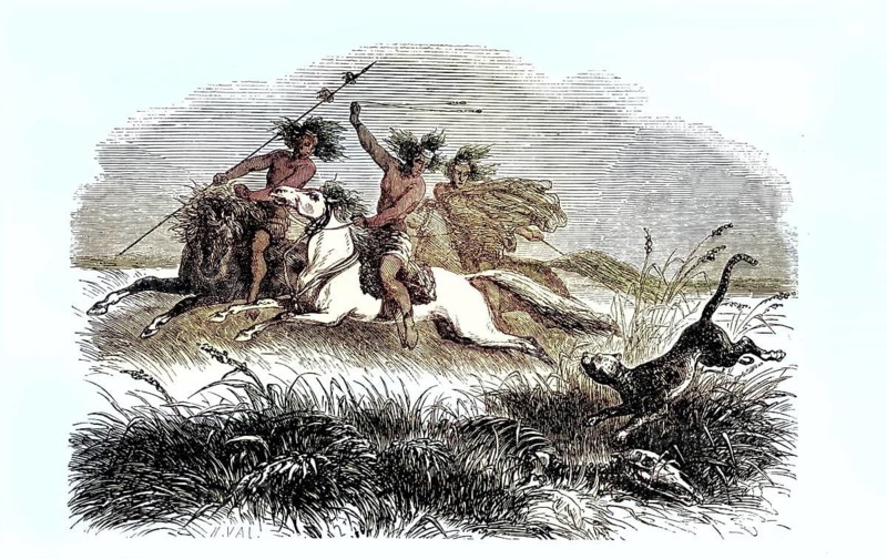 Indians in the Pampas, chased by a jaguar, with a ball sling, Bola, Argentina, around 1890, illustration, reproduction from a 19th-century model. Authentic, file restored for optimal use, exact date of original unknown, historical, nostalgically colored