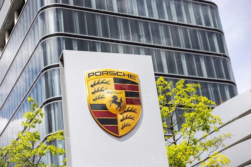 Porsche logo. Porsche Center Stuttgart. Stuttgart, Baden-Württemberg, Germany