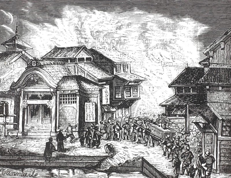 Busy street in Benten-dori, Yokohama, Japan, during the 19th century. Scene documents everyday life, passers-by and porters in Benten-dori, a former fishing village that was included in the rapid urban development and modernization of Yokohama in the late Edo and early Meiji periods, illustration, reproduction from a model from the 19th century. Authentic, file restored for optimal use, exact date of submission unknown, historical