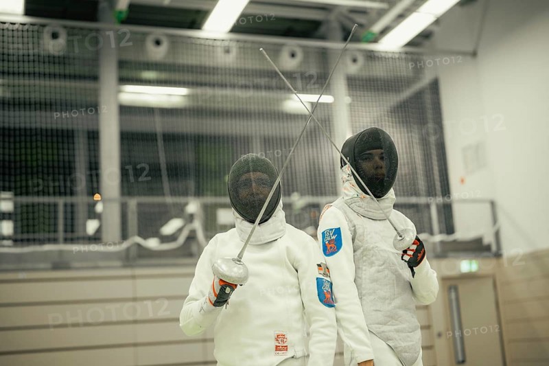 Two fencers in full gear with crossed sword tips in a sports environment, fencing, TSV Calw, Calw district, Germany