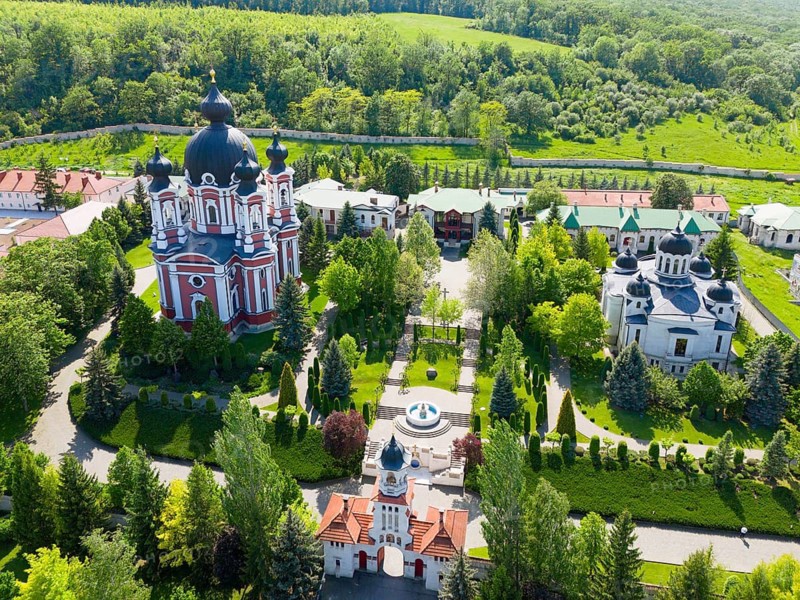 Orthodox monastery with ornate architecture and greenery, nestled in nature, aerial view, Cathedral of the Nativity of the Virgin Mary, Curchi monastery, Orhei district, Republic of Moldova, Moldova