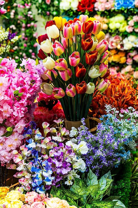 Plastic flower sales stand, Kad Luang Warorod Market, Chiang Mai Thailand