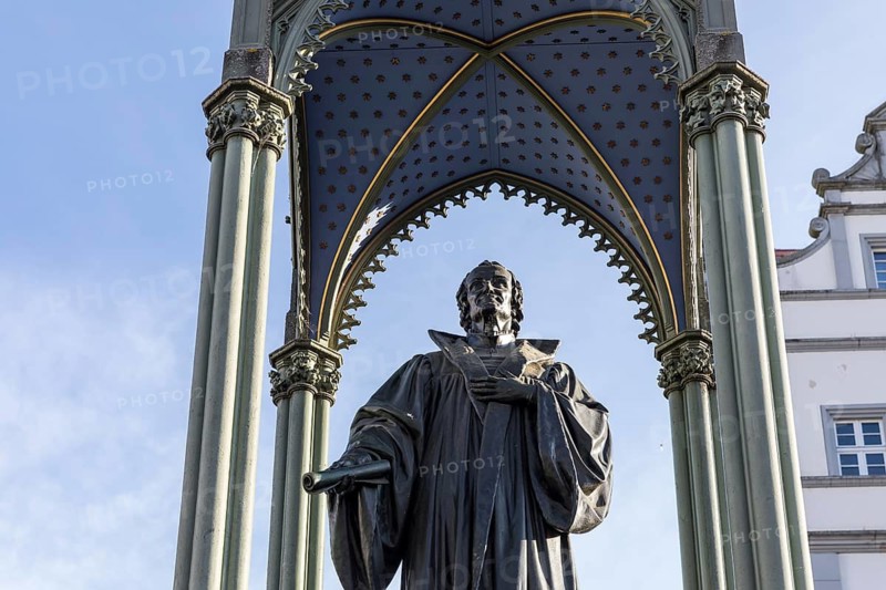 Monument to Philipp Melanchthon on the market square in front of the town hall, Luther city Wittenberg, Saxony-Anhalt, Germany