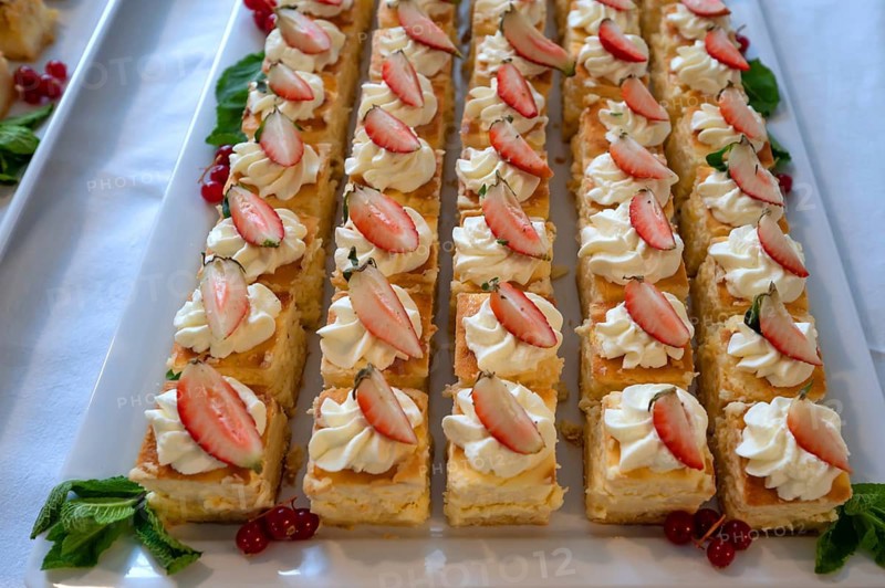 Canapés, vegan cheese cubes decorated with strawberries, Bavaria, Germany