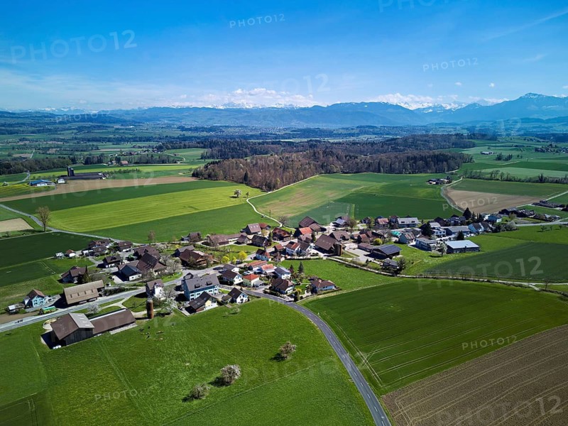 Rüstenschwil hamlet, back the Alps with the Rigi, Auw, Freiamt, Canton of Aargau, Switzerland